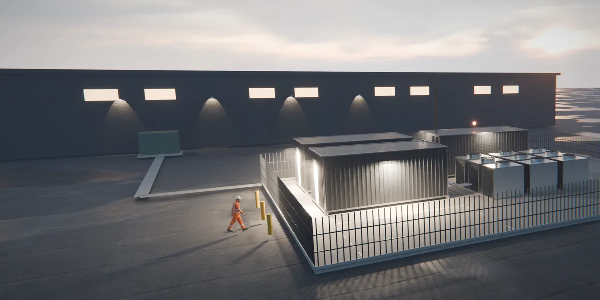 Hexi Pod 1 at dusk beside an existing factory. Concept render.